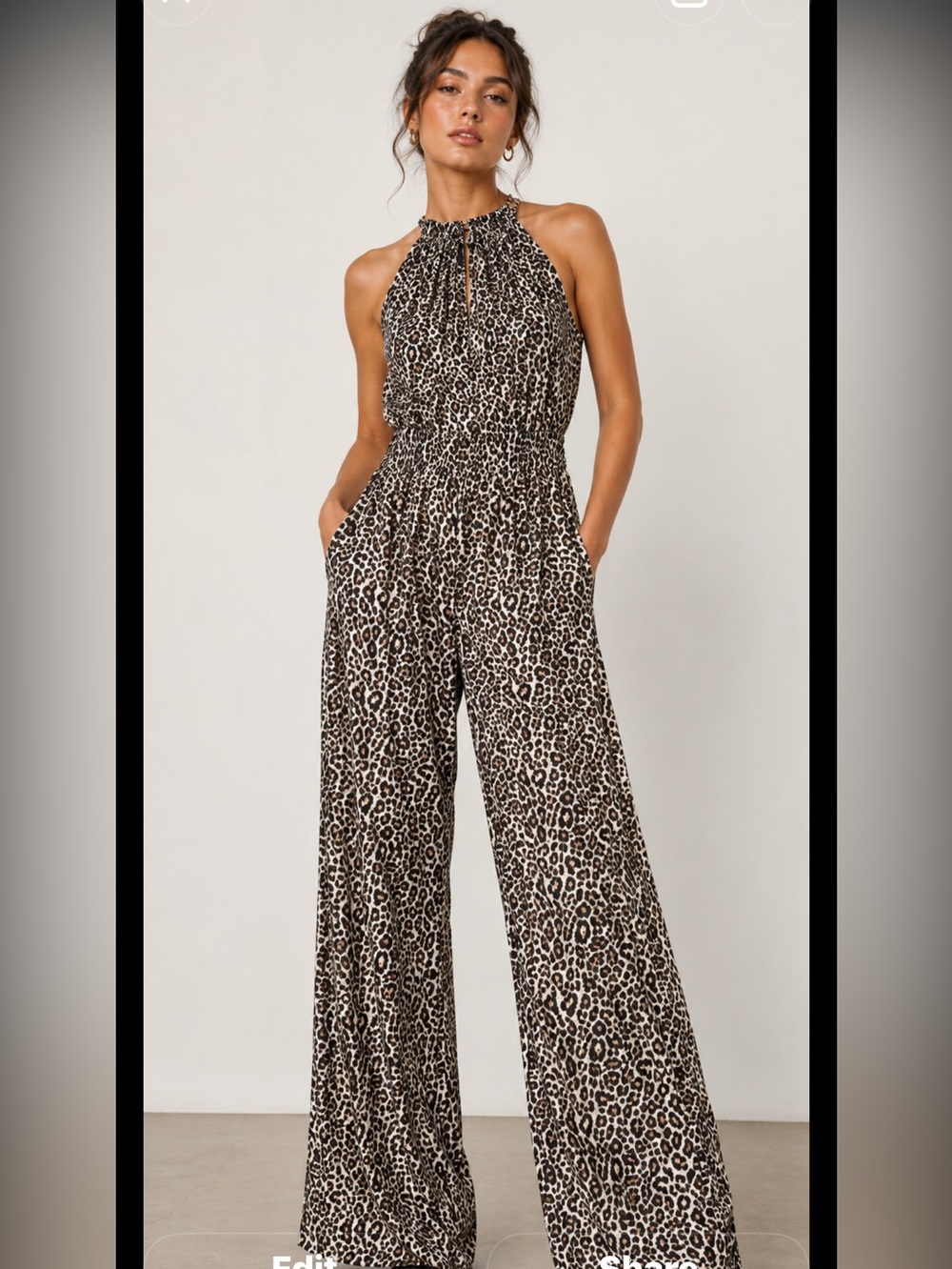 Leopard print halter neck key hole wide leg jumpsuit size L mob wife